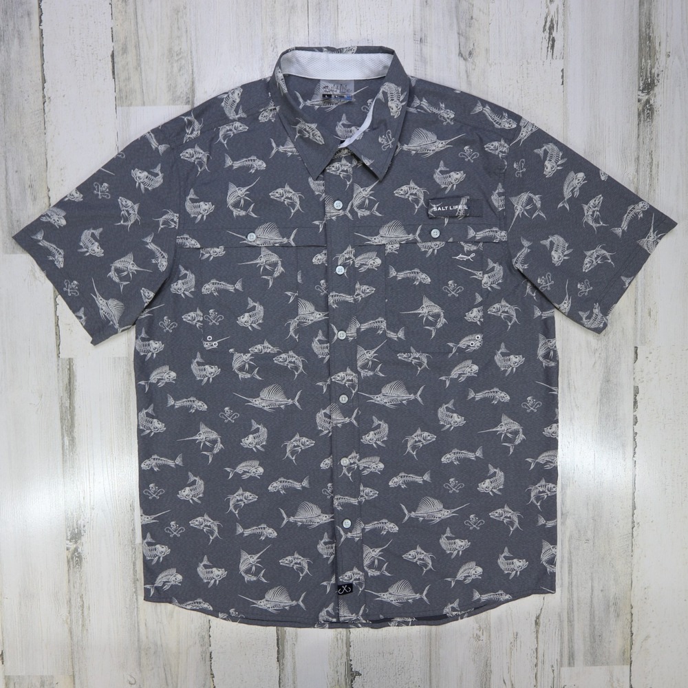 Salt Life SLX Shirt Mens Large Gray Skull Fish Bones All Over Print Short Sleeve